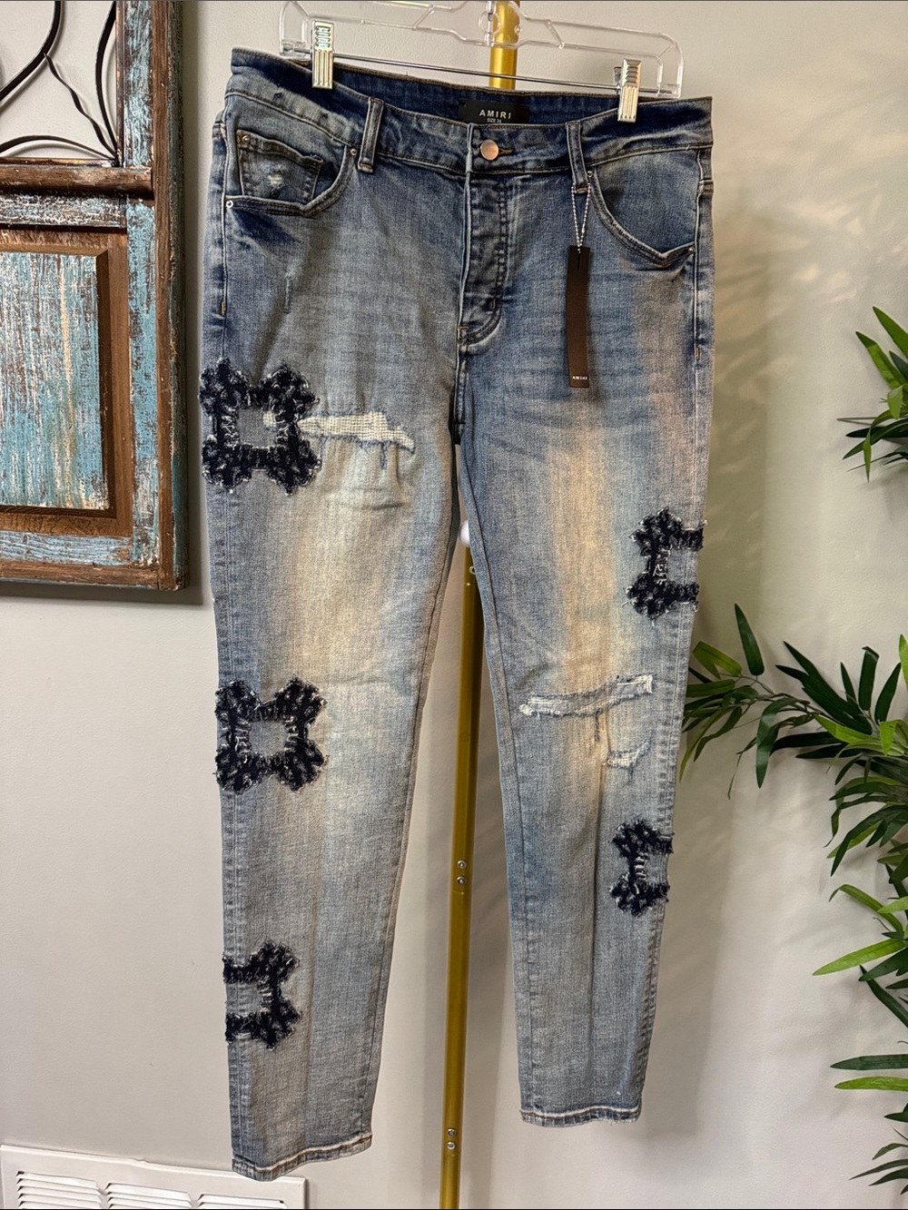 AMIRI Women's Light Blue Distressed Skinny Jeans with Embellished Patches EUC 34
